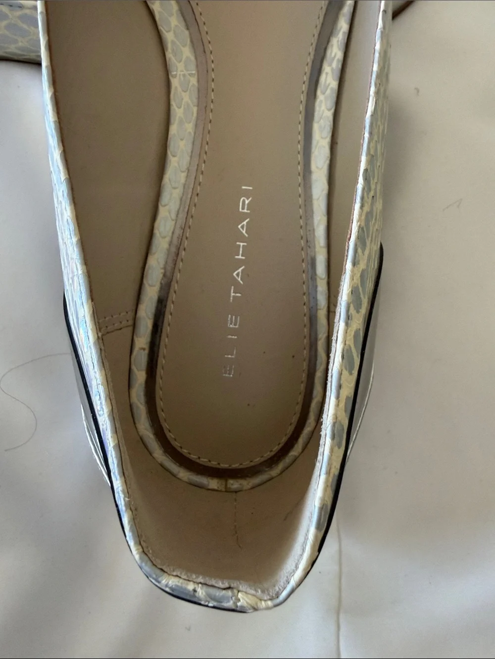 Elie Tahari Silver Pointed Flats with Snake-Print Band